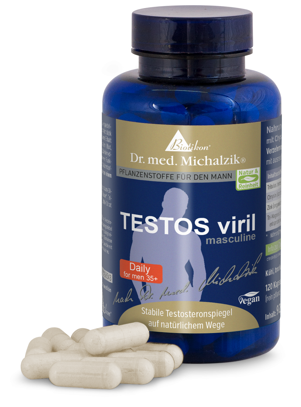 TESTOS Viril – 120 Capsules Capsules véganes en blanc cassé, boîte de 120 capsules, dans une bouteille bleue, pour les hommes de 35 ans et plus.