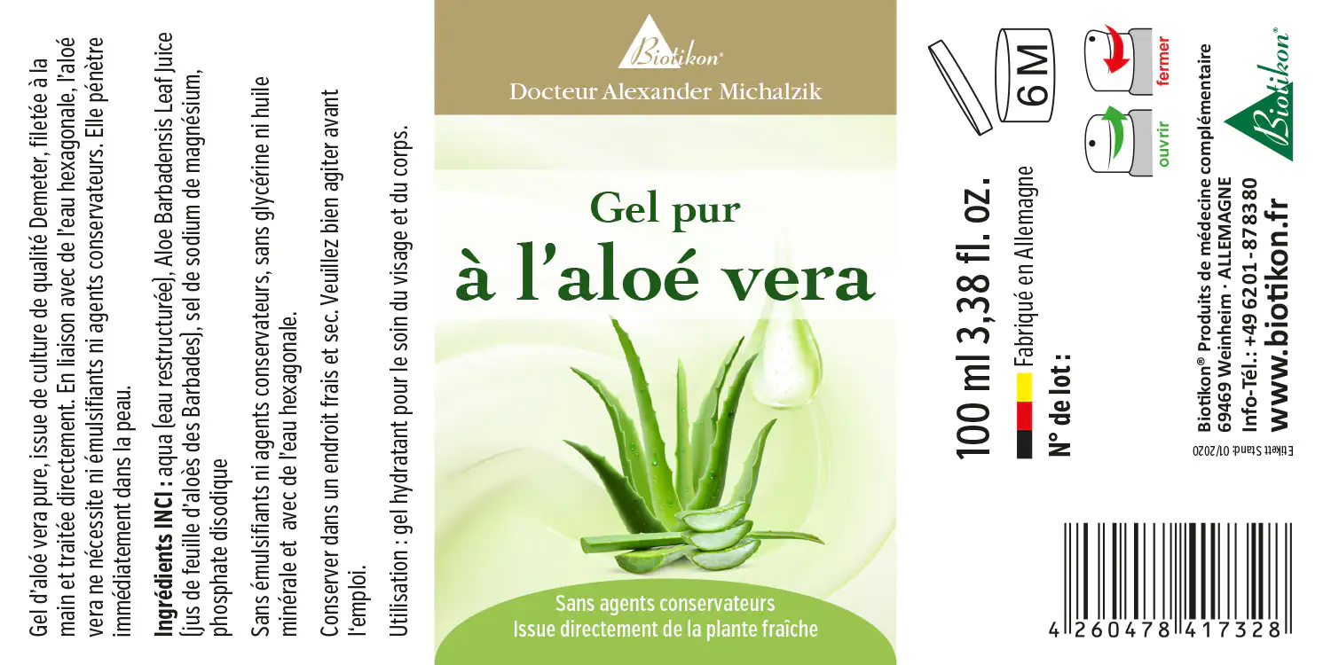Gel d'Aloe Vera – 100 ml Gel d'Aloe Vera pur dans une bouteille de 100 ml, vert, sans conservateurs, idéal pour les soins de la peau.