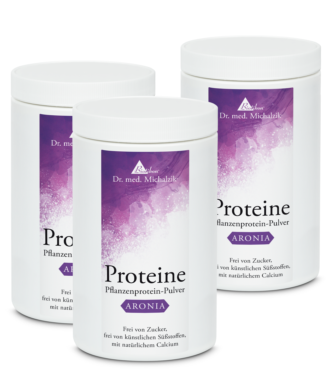 Poudre de Protéine Végétale Aronia – 500 g Trois boîtes de poudre de protéine végétale Aronia, 500 g, dans un emballage blanc avec des accents violets.
