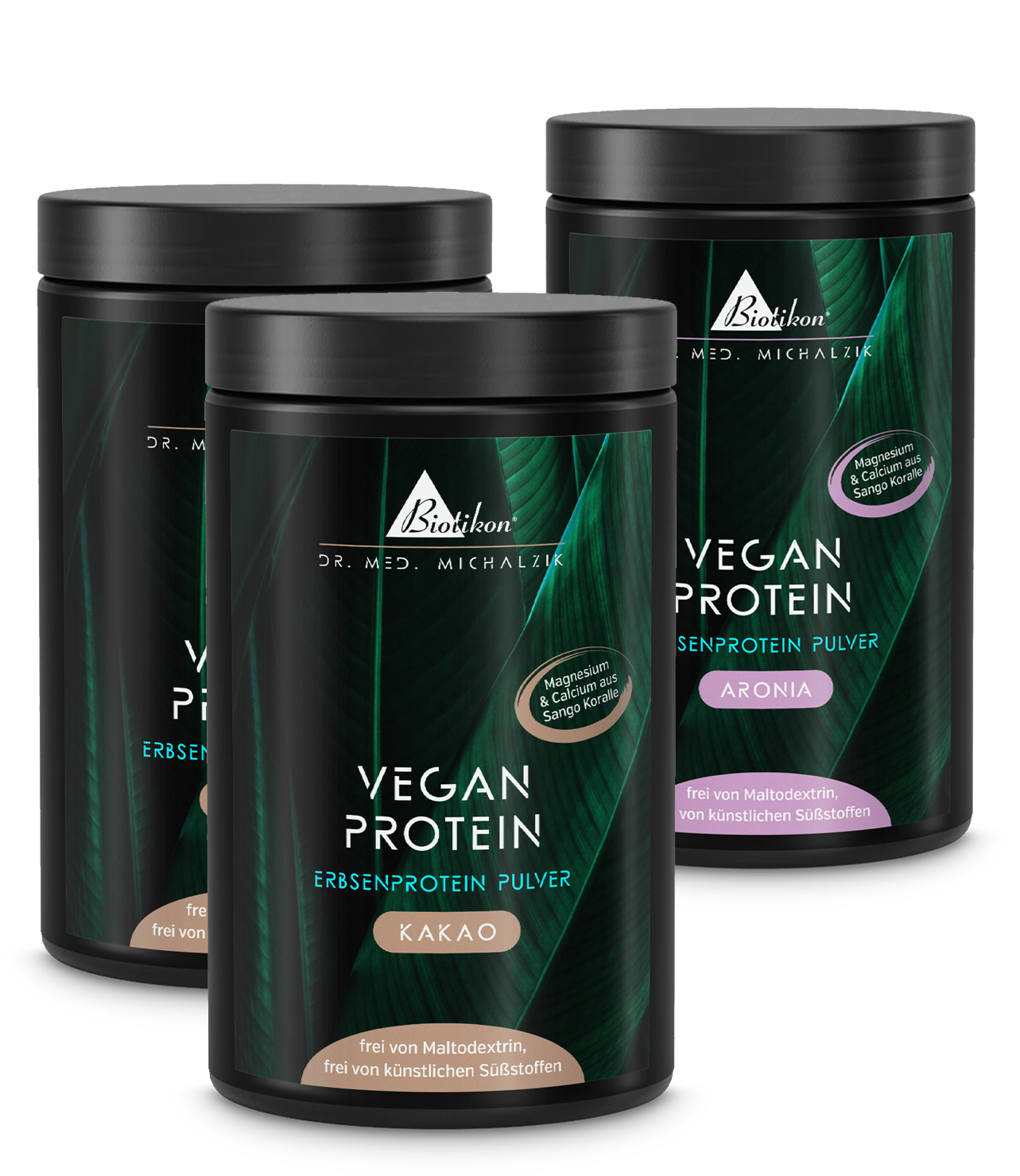 Trois boîtes de poudre de protéine végétale au goût de cacao et d'aronia, chacune de 300 g, avec des couvercles blancs.