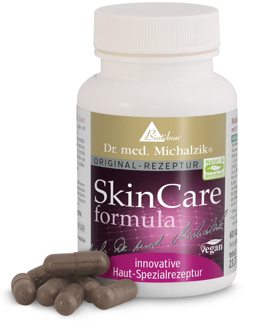 Formule Soin de la Peau – 60 Capsules Capsules brunes pour le soin de la peau, 60 pièces dans un conteneur blanc avec des accents violets.