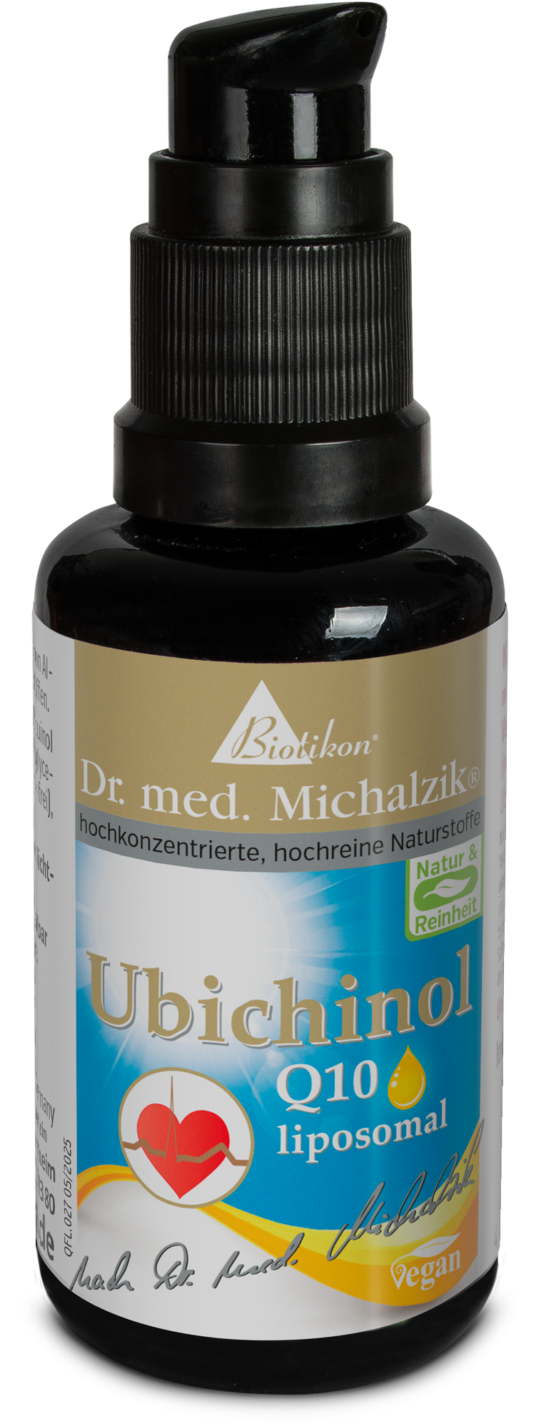 Ubiquinol Q10 50 ml – Liposomal Ubiquinol Q10 liposomal, 50 ml dans une bouteille noire avec pompe, vue de face.