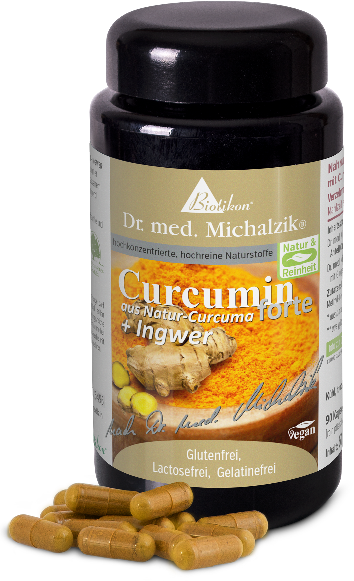 Curcumine 90 Capsules - Curcuma Naturel + Gingembre Conteneur noir avec 90 capsules, curcumine avec gingembre, vegan et sans gluten.