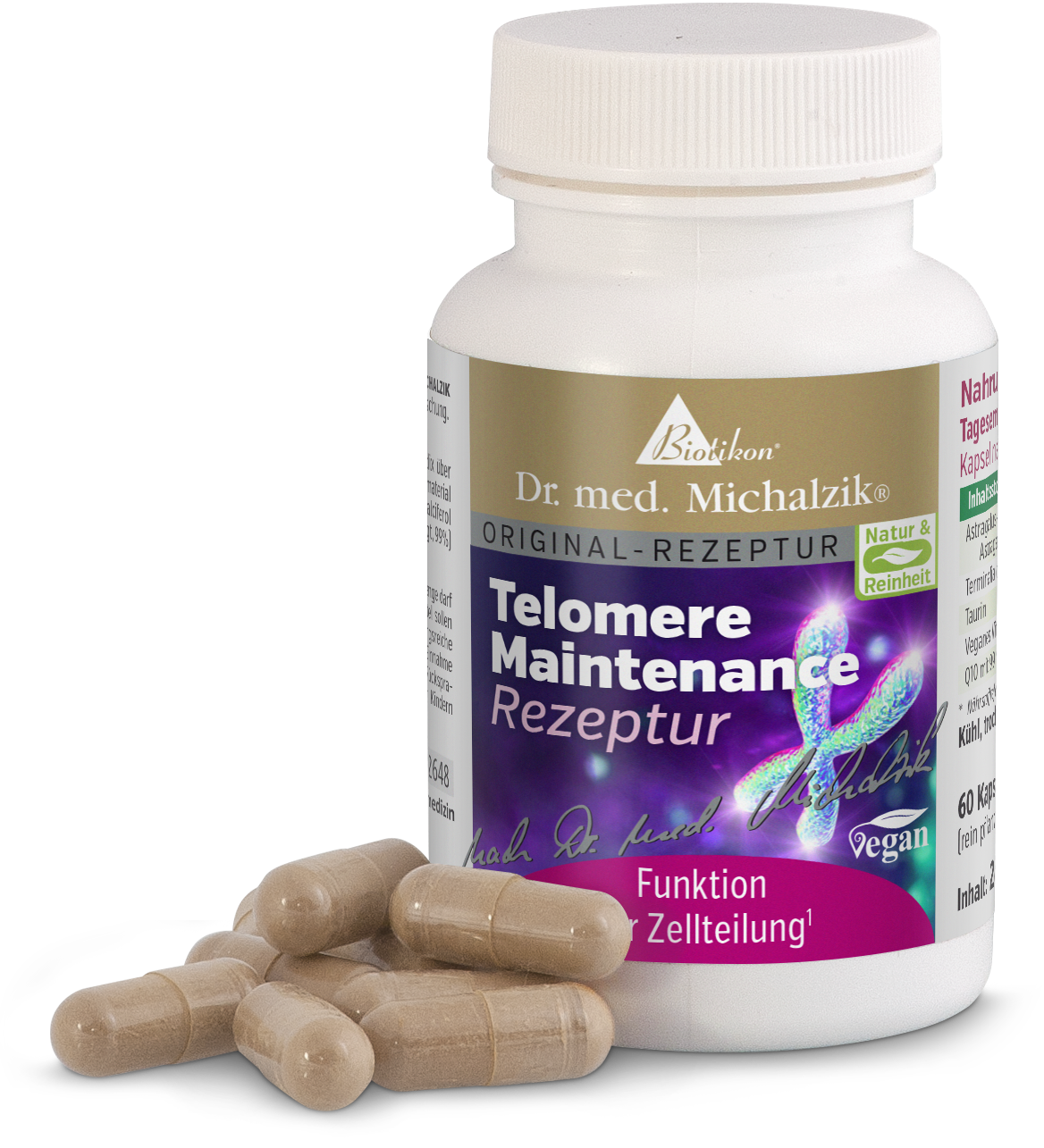 Entretien des télomères 60 capsules – Complément Contenant en plastique blanc avec 60 capsules brunes, formules véganes, disposées devant le contenant.