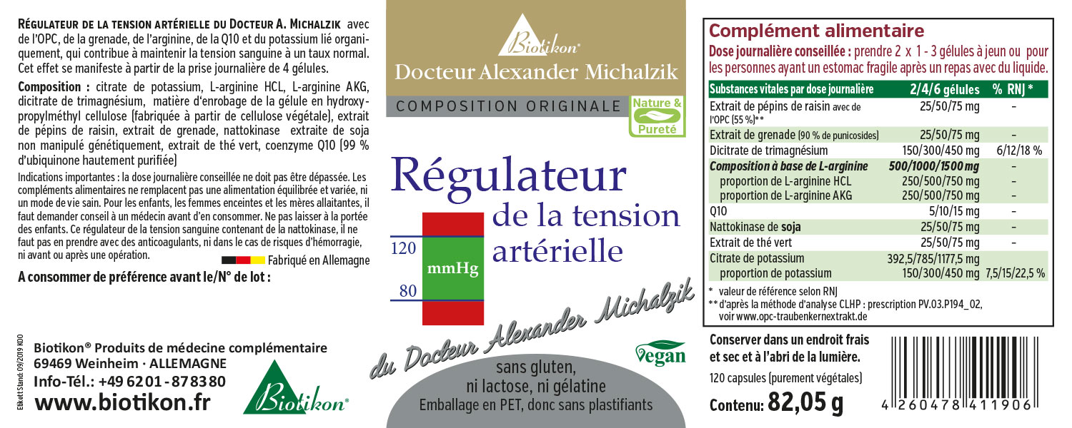 Régulateur de Pression Artérielle – 120 Capsules Capsules pour la régulation de la pression artérielle, 120 pièces, emballage PET, texte vert et blanc, vue de face.