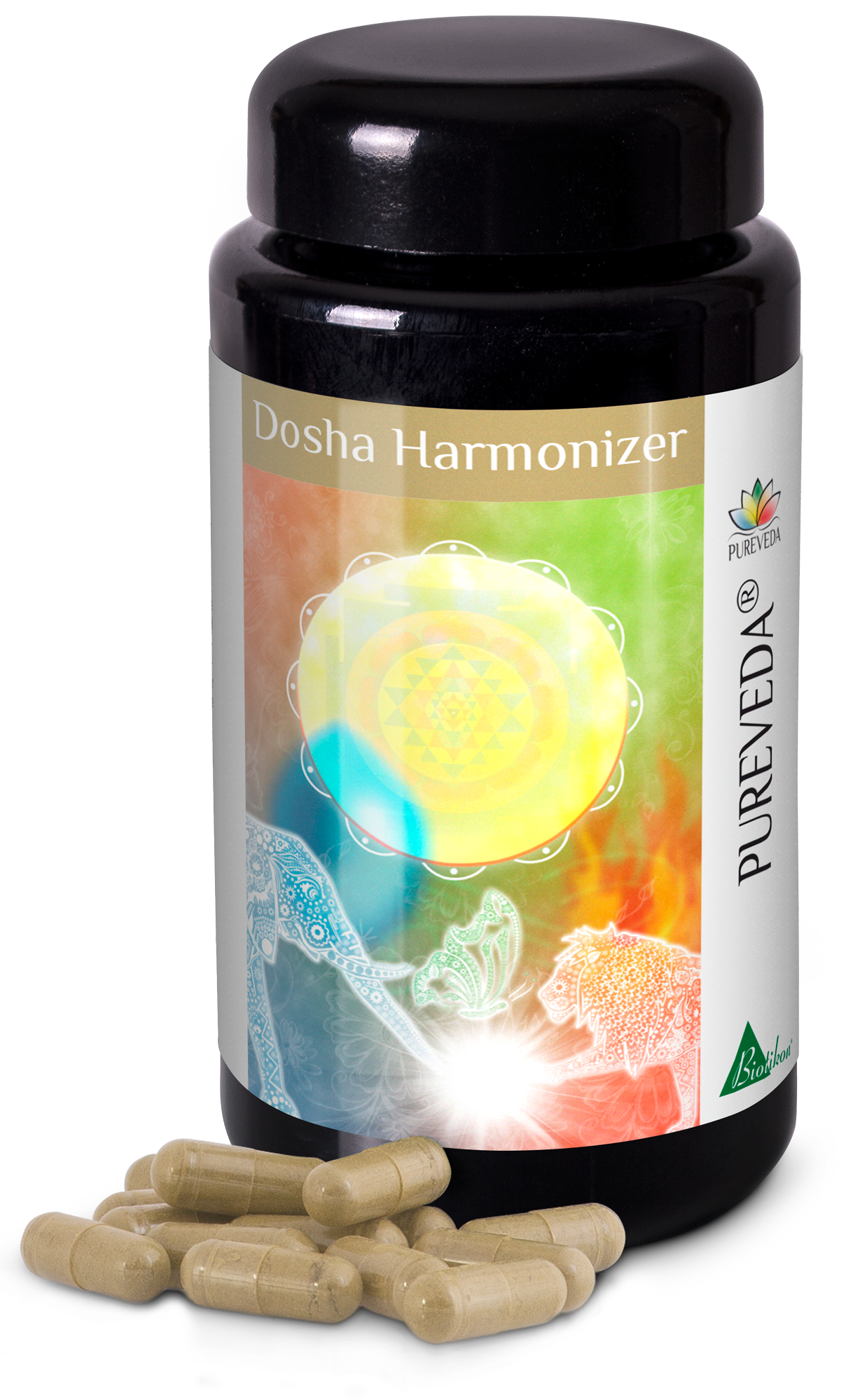 Harmoniseur de Dosha – Capsules Bouteille noire avec capsules, fond coloré et décoration, contient 60 capsules.