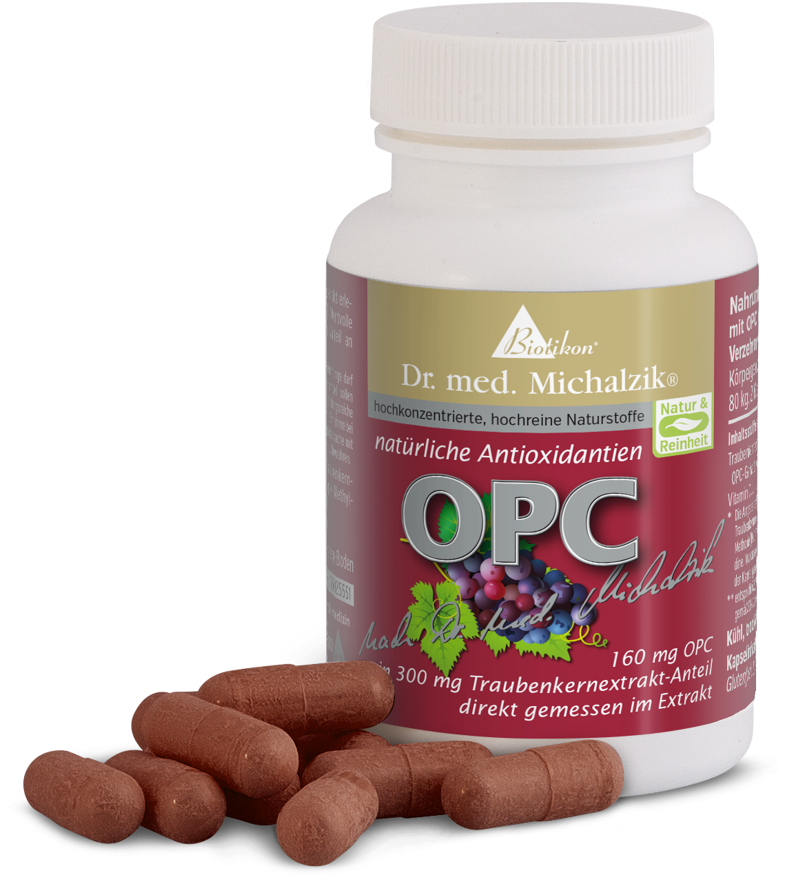 OPC 160 mg - Capsules d'extrait de pépins de raisin Capsules OPC marron, dose de 160 mg d'extrait de pépins de raisin, à côté d'une bouteille.