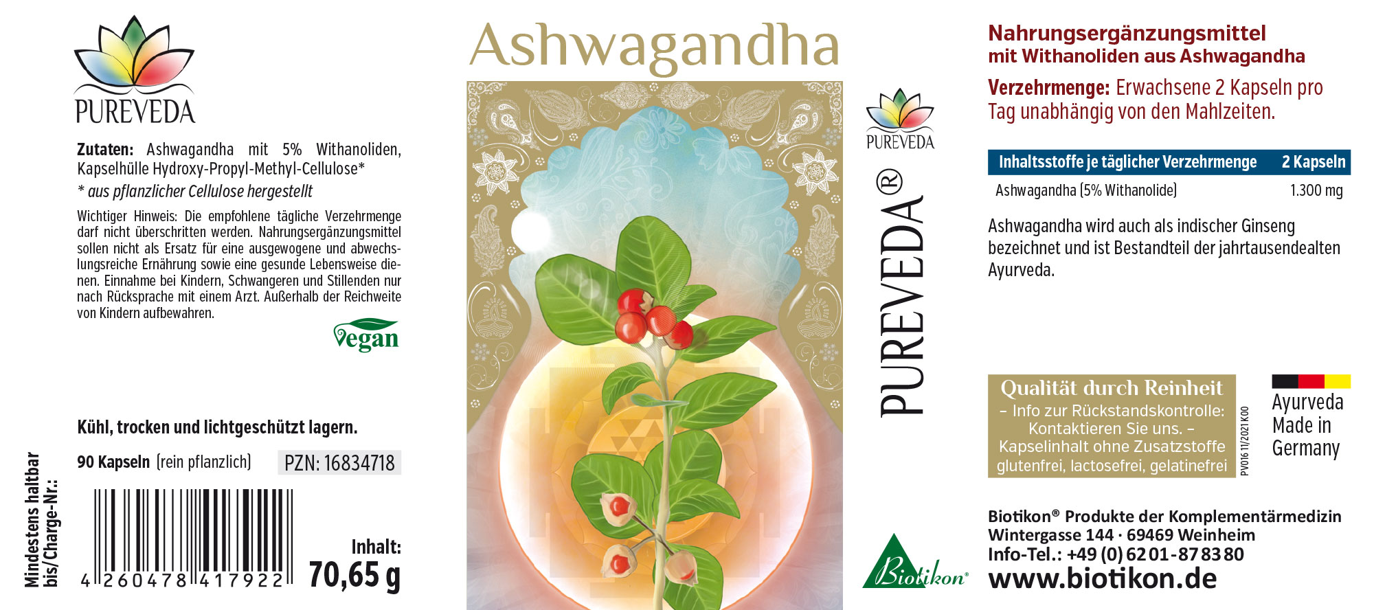 Ashwagandha 1300 mg – Capsules Capsules d'Ashwagandha, 90 pièces, capsules vertes dans un emballage blanc, vegan.