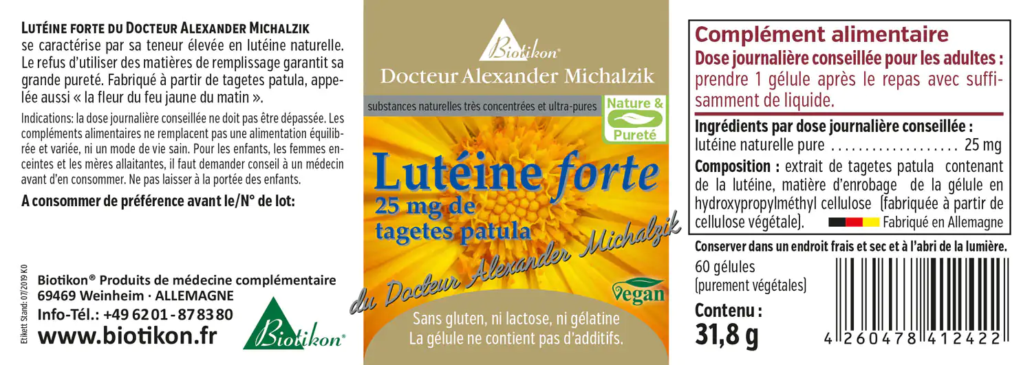 Gélules de Luteine Forte 25 mg – 60 Gélules Végétales Vue de face des gélules de Luteine, 25 mg, 60 gélules végétales dans un emballage jaune.
