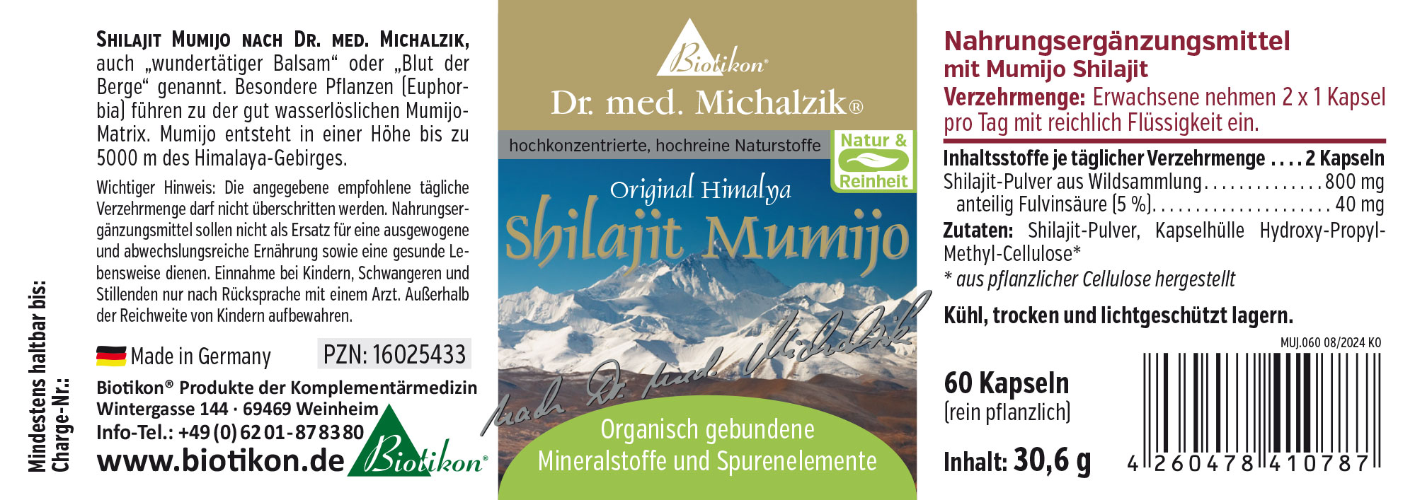 Shilajit Mumijo 60 capsules - Complément Alimentaire Shilajit Mumijo dans un emballage de 60 capsules, brun et blanc, présenté de face.