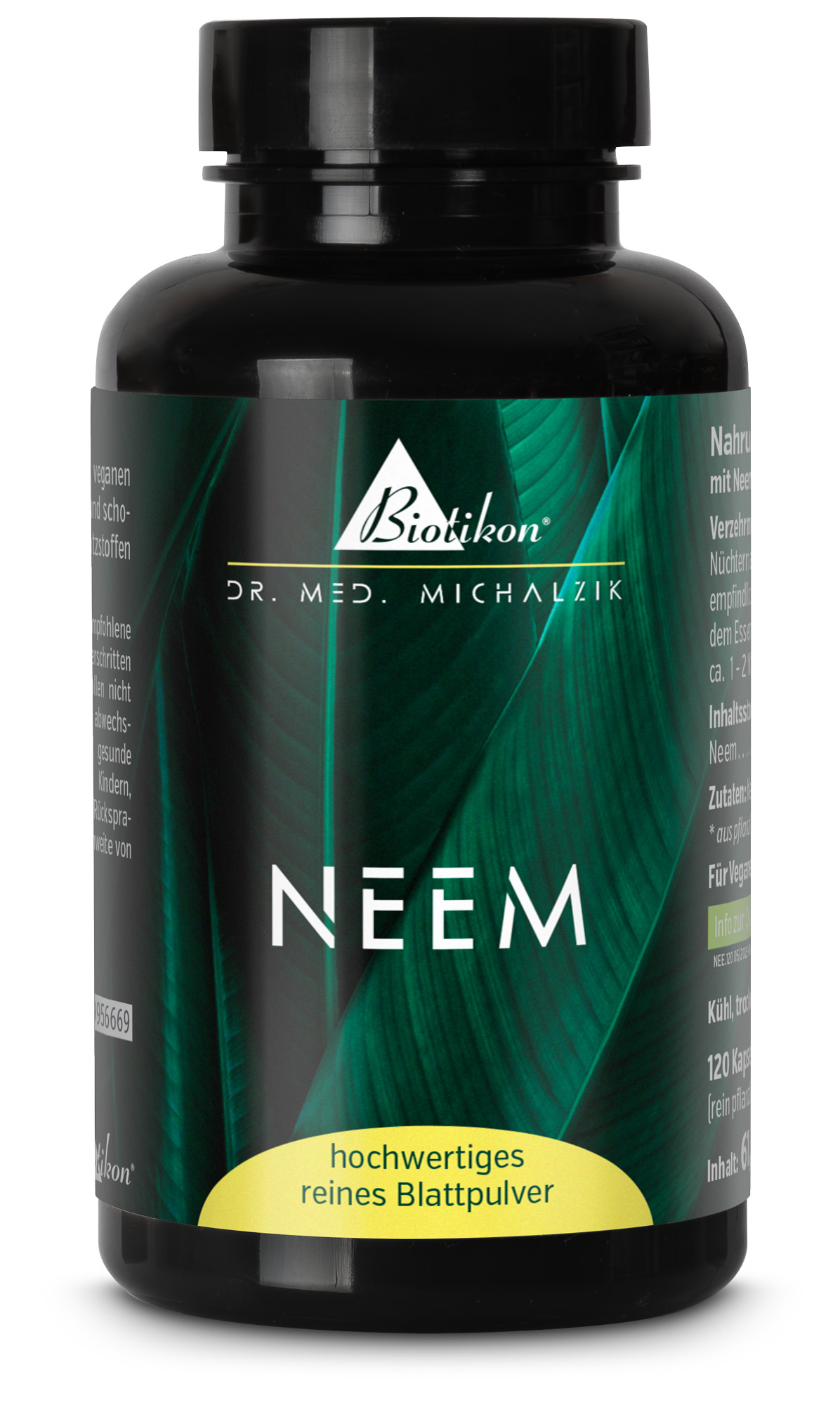 Poudre de Feuille de Neem – 120 Capsules Bouteille noire contenant 120 capsules de poudre de feuille de neem, feuilles vertes en arrière-plan, végan.