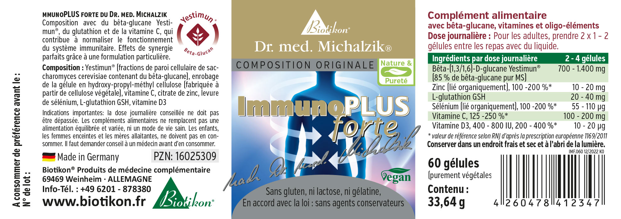 ImmunoPLUS forte – 60 Gélules Complément alimentaire ImmunoPLUS forte dans un emballage de 60 gélules véganes, design coloré, vue de face.