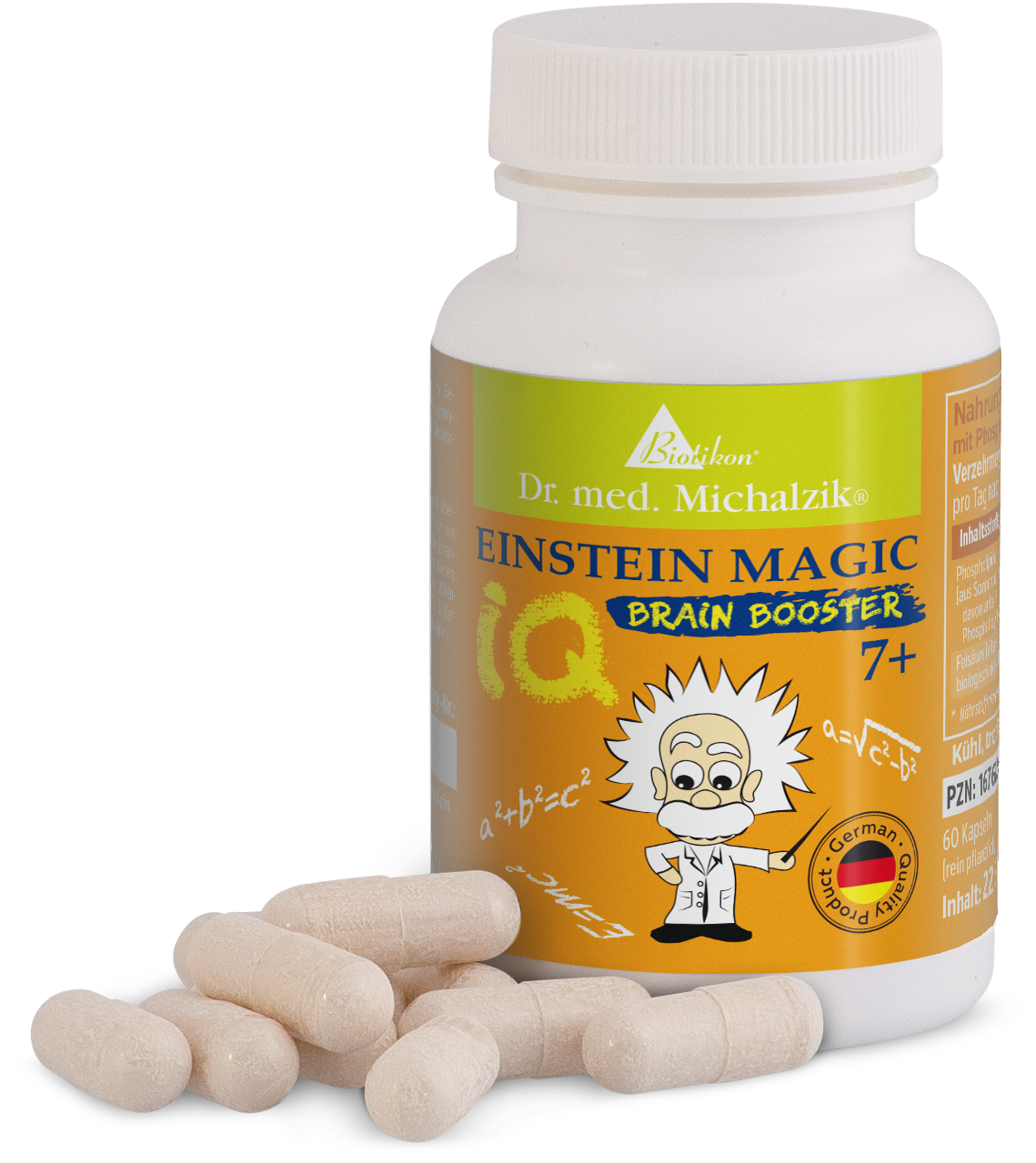 Einstein Magic Brain Booster – 60 Capsules Einstein Magic Brain Booster dans une bouteille blanche contenant 60 capsules beige, vue de face.
