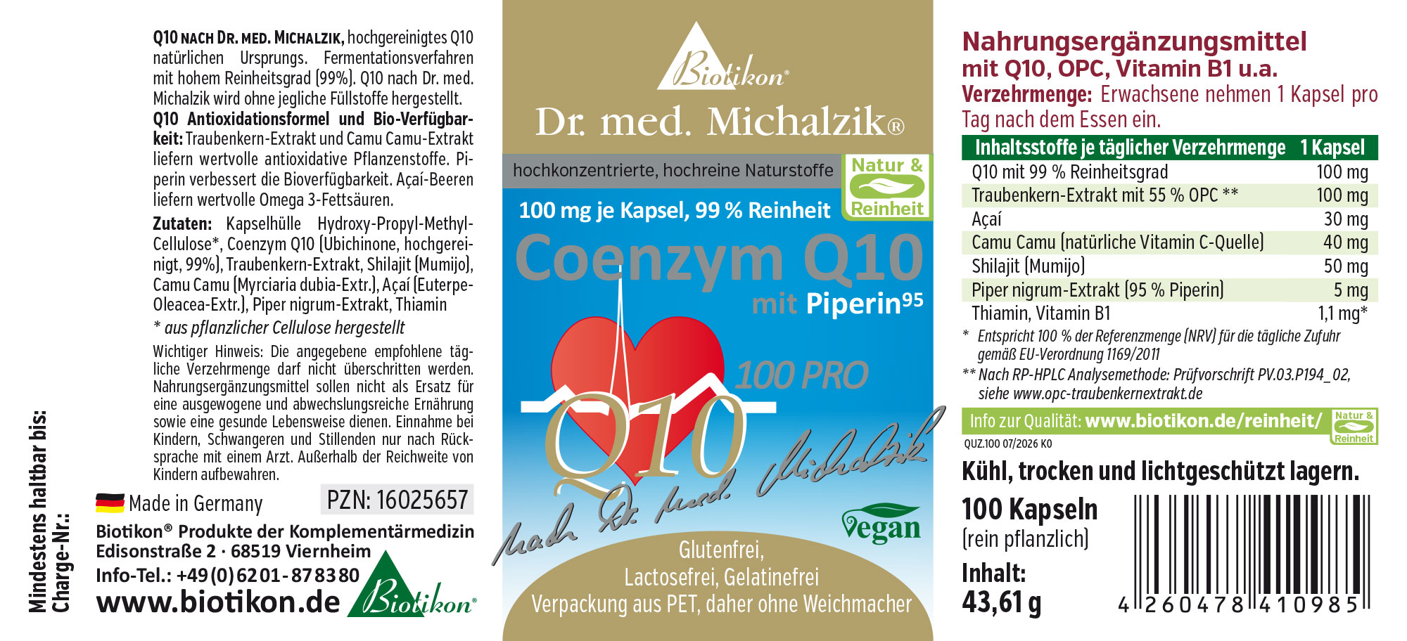 Coenzyme Q10 avec Pippérine, 100 mg par capsule, emballage végétalien, 100 capsules en PET.