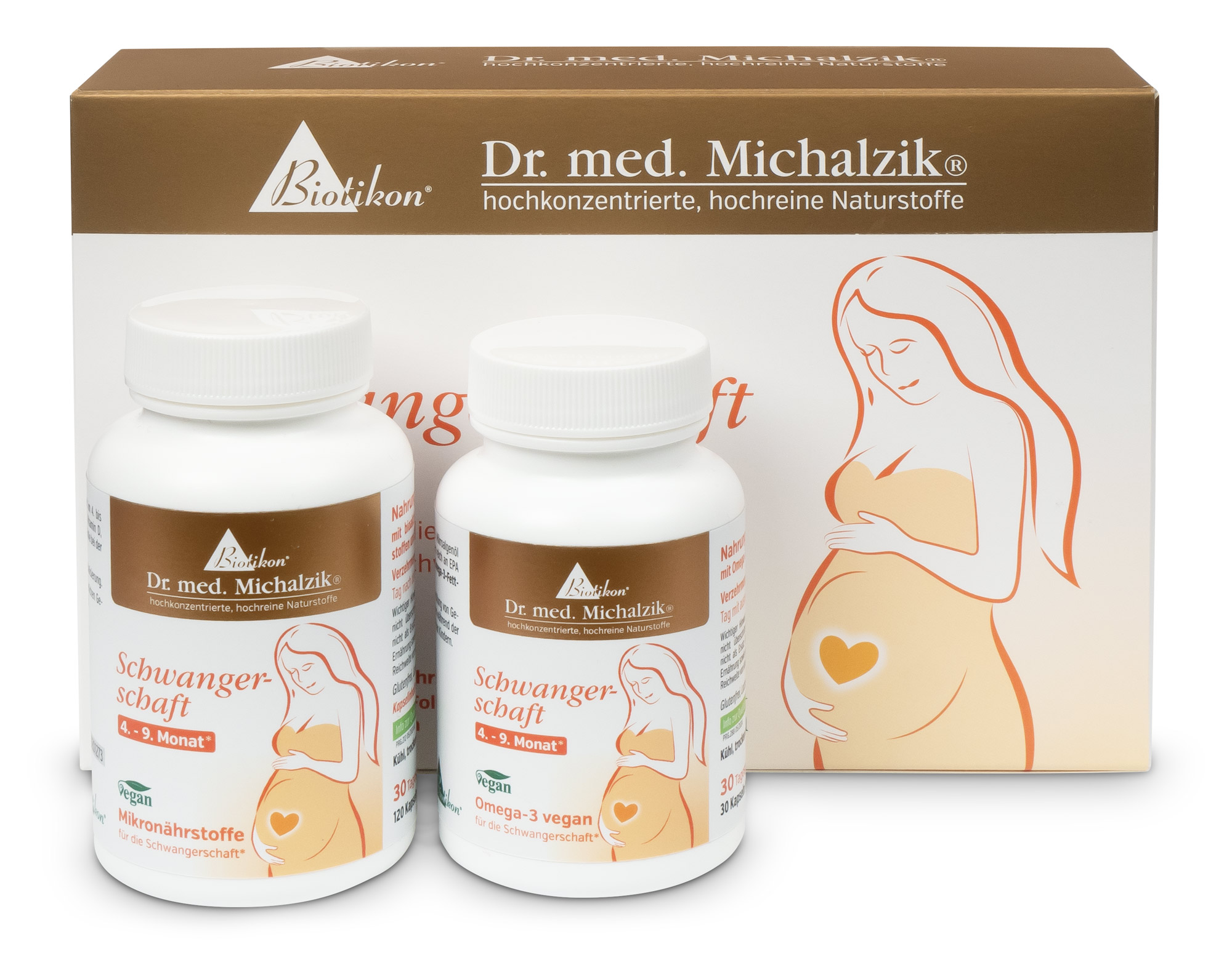 Grossesse 30 Capsules – Micronutriments Deux bouteilles de compléments alimentaires pour femmes enceintes, 30 capsules, véganes, au premier plan, emballage coloré.