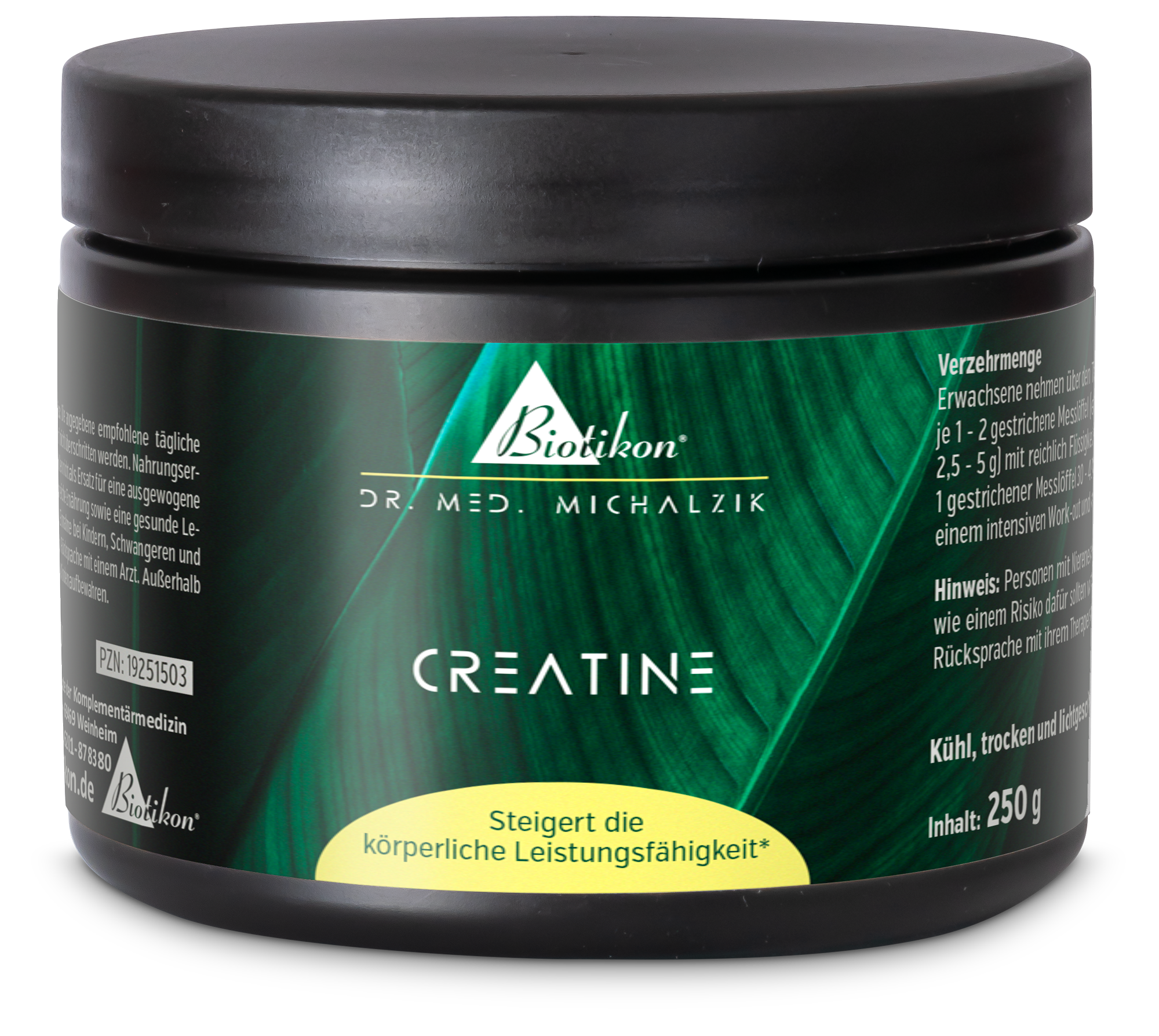 Poudre de Créatine 250g – Contenant Noir avec Design Vert Poudre de créatine dans un contenant noir avec un design vert, 250g.