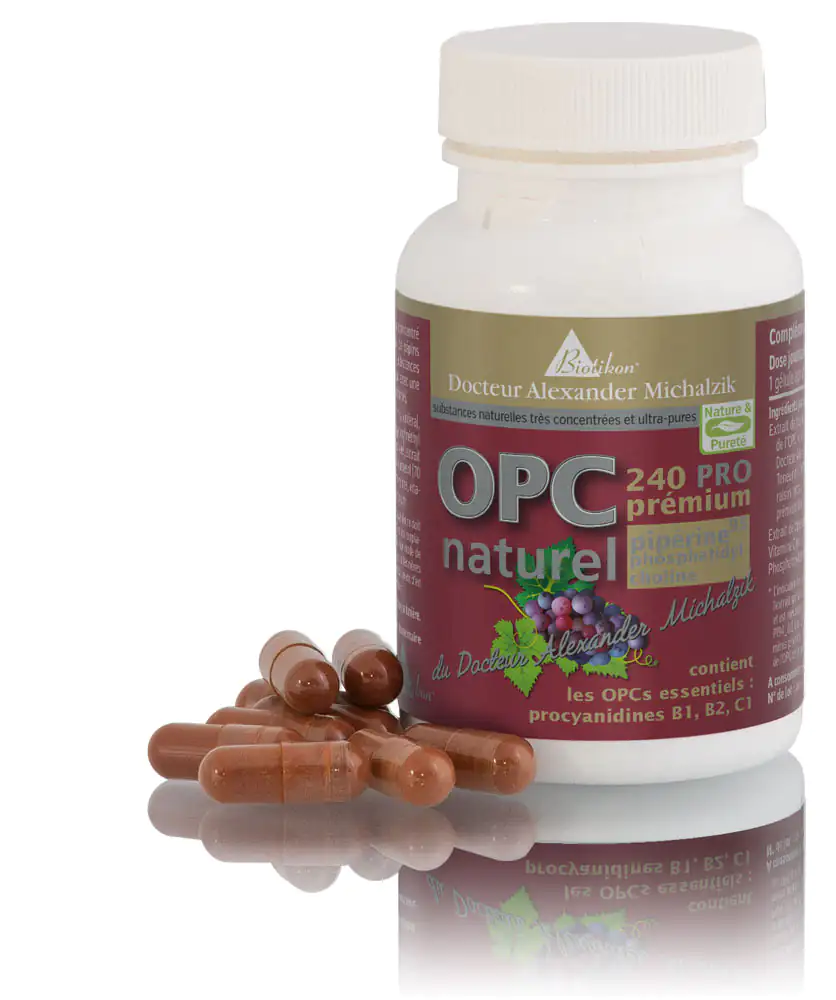 OPC 240 PRO – Capsules Capsules brunes dans un flacon blanc, 240 pièces, avec un reflet en arrière-plan.