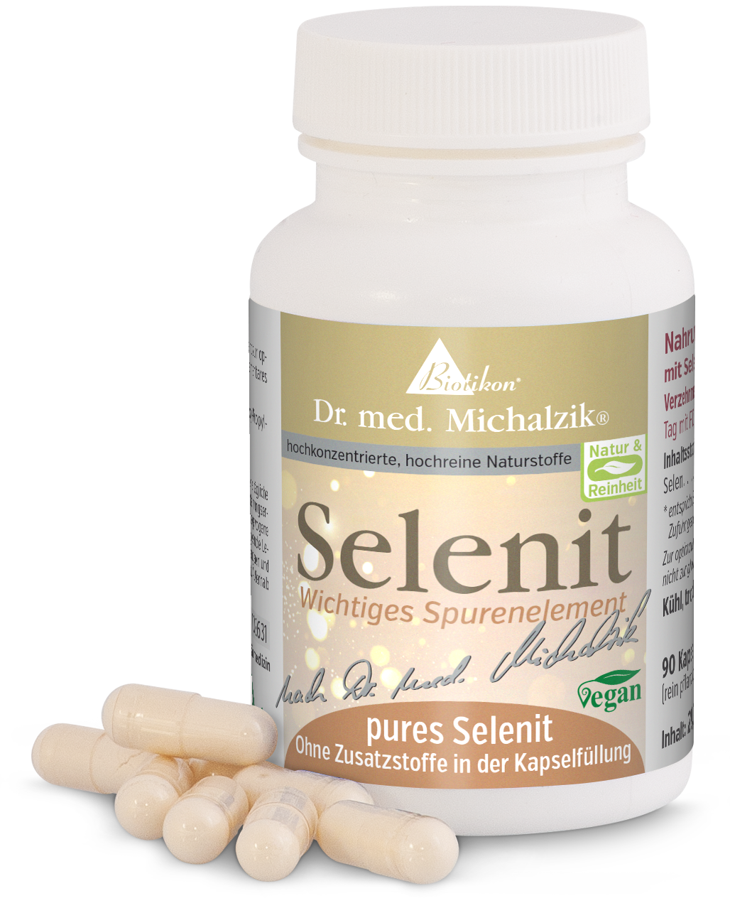 Sélénite 90 Capsules – Sélénium Pur Bouteille de 90 capsules véganes de sélénite, couleur beige, avec quelques capsules sur la table au premier plan.
