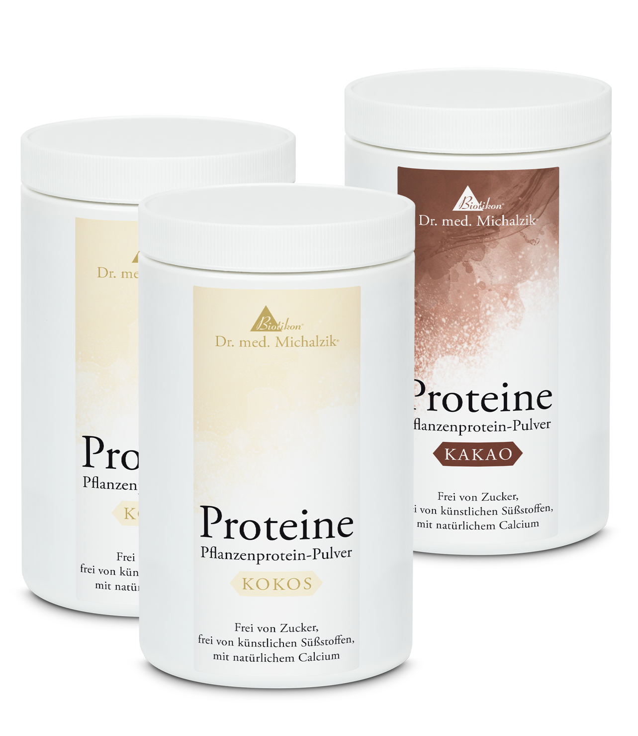Poudre de protéine végétale Coco & Cacao – 300g Trois boîtes de poudre de protéine végétale en blanc, coco et cacao, avec un couvercle, sur fond blanc.