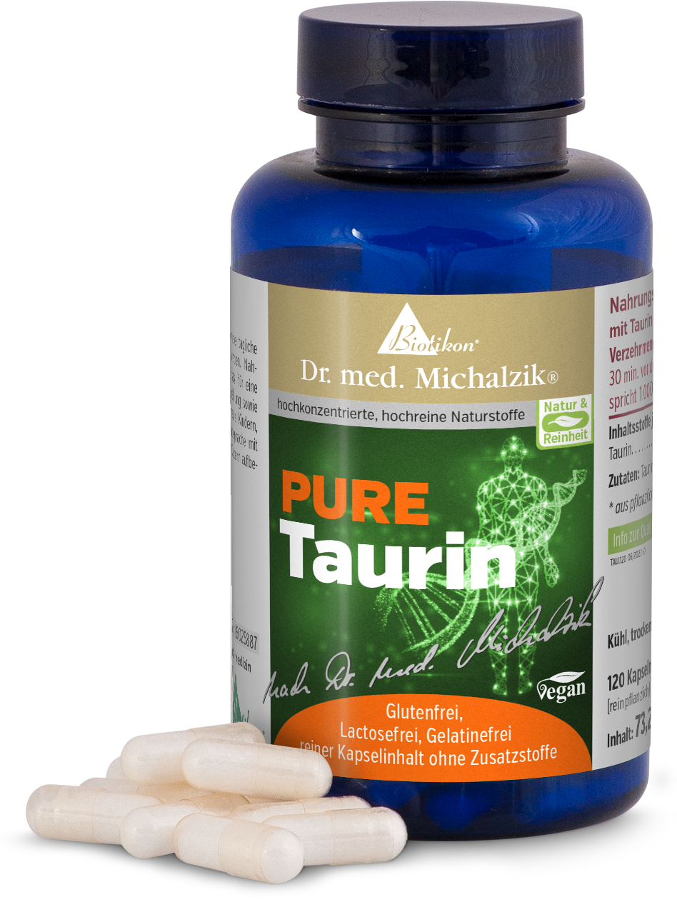 Taurine 120 Capsules – Taurine Pure Bouteille bleue contenant 120 capsules, sans gluten et véganes, avec des capsules à côté sur un fond blanc.