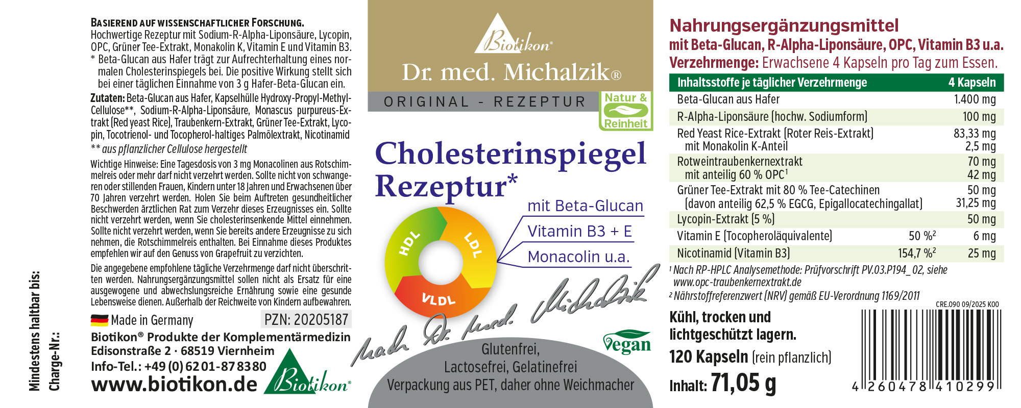 Régulateur de Cholestérol – 120 Capsules Complément alimentaire Régulateur de Cholestérol avec Beta-Glucane, 120 capsules dans un emballage rouge et vert.