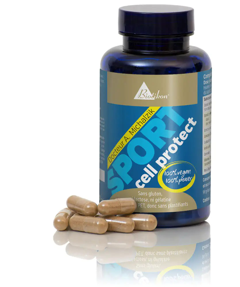 Sport Cell Protect – Capsules végétaliennes Capsules brunes dans une bouteille bleue avec étiquette, 100% végétalien, sur une surface lisse.