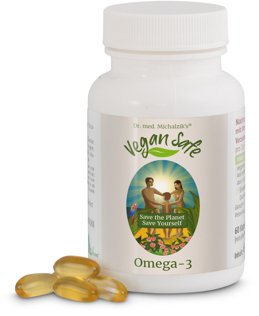 Gélules Omega-3 – 60 Gélules Végétaliennes Bouteille de gélules Omega-3, 60 gélules végétaliennes, gel jaune, vue de devant, emballage blanc.