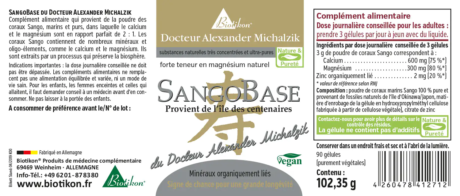 SangoBase – 90 Capsules Complément alimentaire, SangoBase dans un emballage de 90 capsules sans gélatine, vert clair, à base d'ingrédients végétaux.