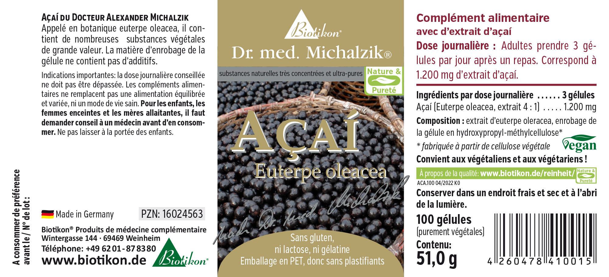 Açaï 1200 mg – 100 Gélules Complément alimentaire Açaï, 1200 mg par portion, 100 gélules en emballage PET, gélules noires.