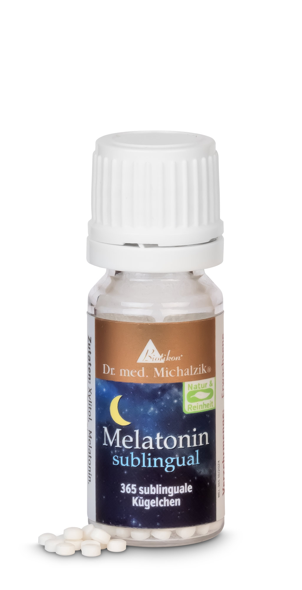 Mélatonine sublinguale – 365 comprimés Bouteille de 365 comprimés sublinguaux, blanche, vue de l'emballage.