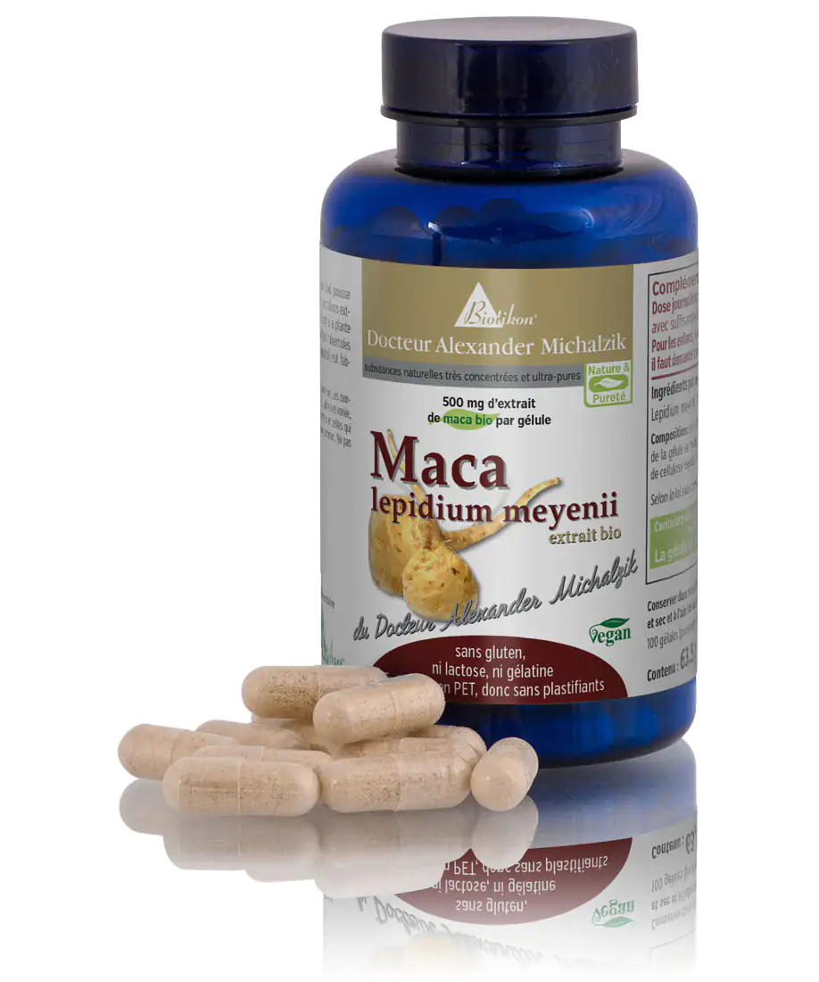 Extrait de Maca 500 mg - Gélules Gélules de Maca Lepidium Meyenii, 500 mg par gélule, dans une bouteille bleue, gélules visibles au premier plan, végan.