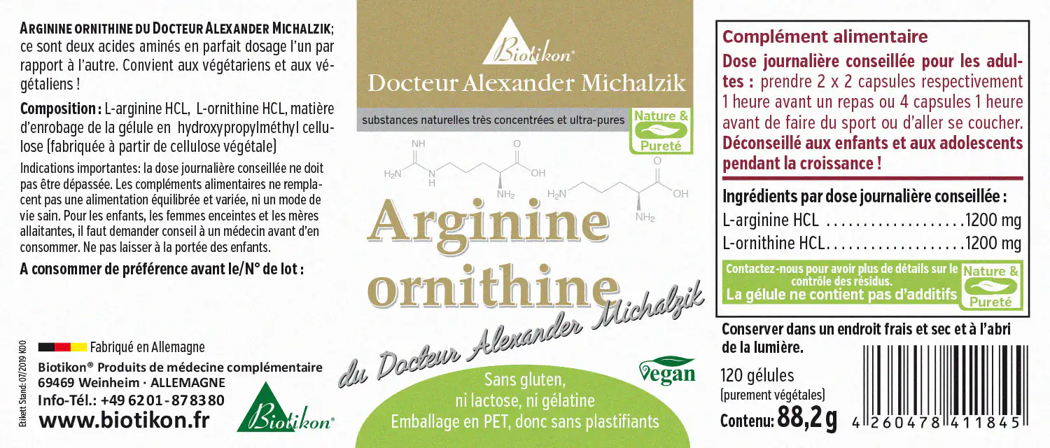 Arginine Ornithine 1200 mg – 120 Capsules Complément alimentaire Arginine Ornithine dans un emballage PET transparent, 120 capsules végétales, fabriqué en Allemagne.