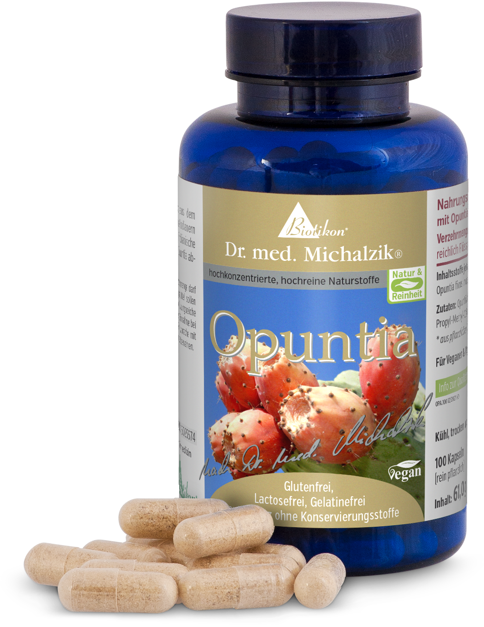 Capsules d'Opuntia – 100 Compte Capsules brunes dans une bouteille bleue, 100 capsules, sans gluten, sans lactose, végan.