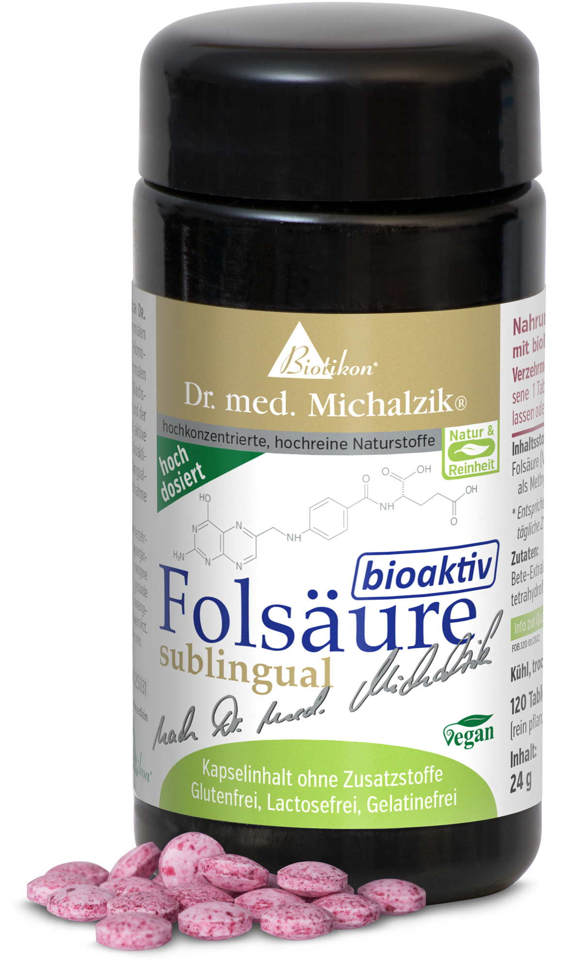 Acide folique sublingual – 120 Comprimés Acide folique bioactif sous forme sublinguale, comprimés roses, 120 pièces dans une bouteille noire.