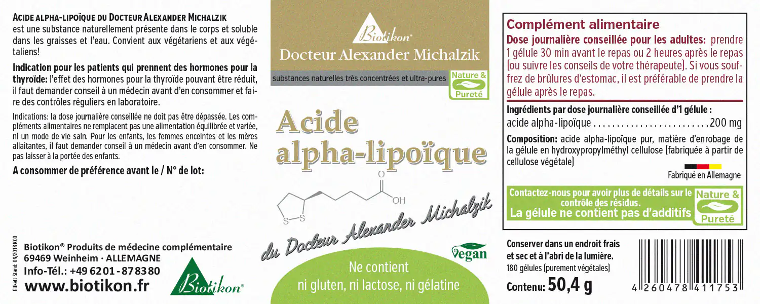 Acide Alpha-Lipoïque 200 mg - 180 Gélules Végétales Complément alimentaire Acide Alpha-Lipoïque, 200 mg par gélule, 180 gélules végétales, emballé au Brésil.