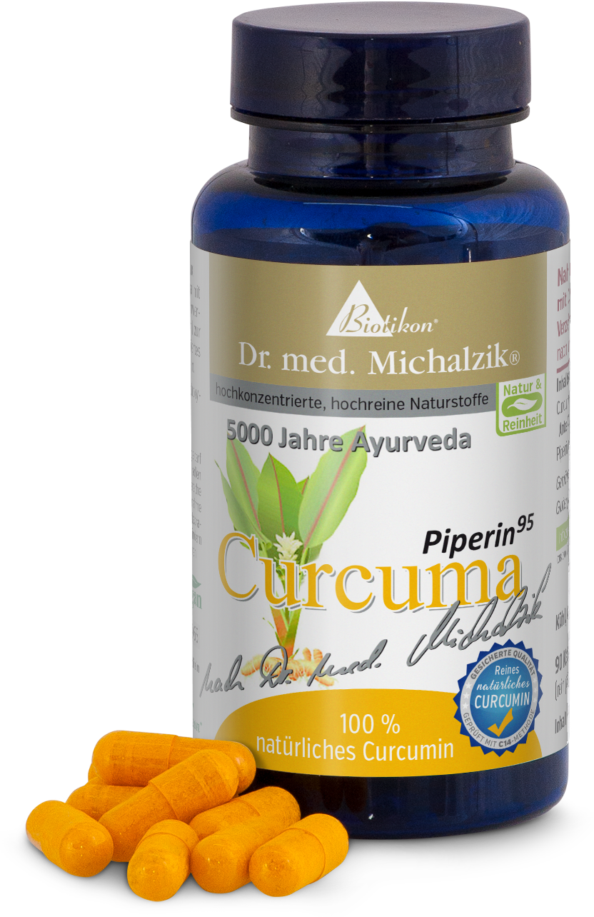 Curcuma 500 mg - Capsules Capsules jaunes avec curcumine naturelle dans une bouteille bleue, 100 % pure, 90 pièces.