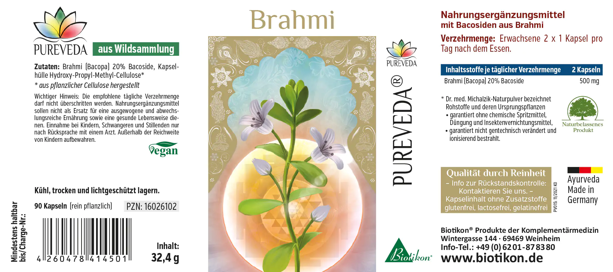 Brahmi 500 mg – Capsules Complément alimentaire Brahmi en capsules, 90 pièces, végan, emballage avec motif végétal, 32,4 g.