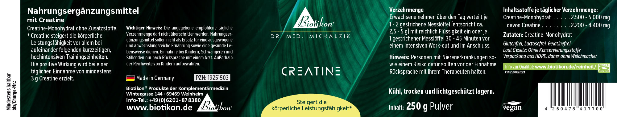 Poudre de Créatine – 250 g Complément alimentaire avec créatine, 250 g de poudre dans un emballage en plastique, design vert.