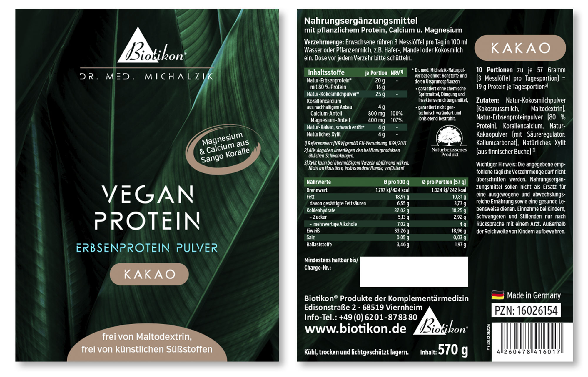 Poudre de protéine végétale au goût de cacao, emballage de 570 g, couleur brune, vue de face.