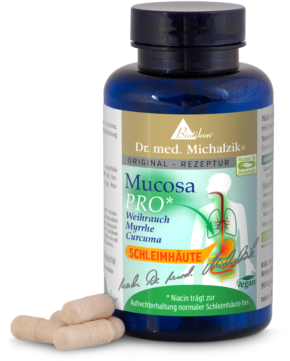 Mucosa PRO – 90 Capsules Capsules Mucosa PRO dans une bouteille bleue, 90 pièces, pour le soutien des muqueuses.