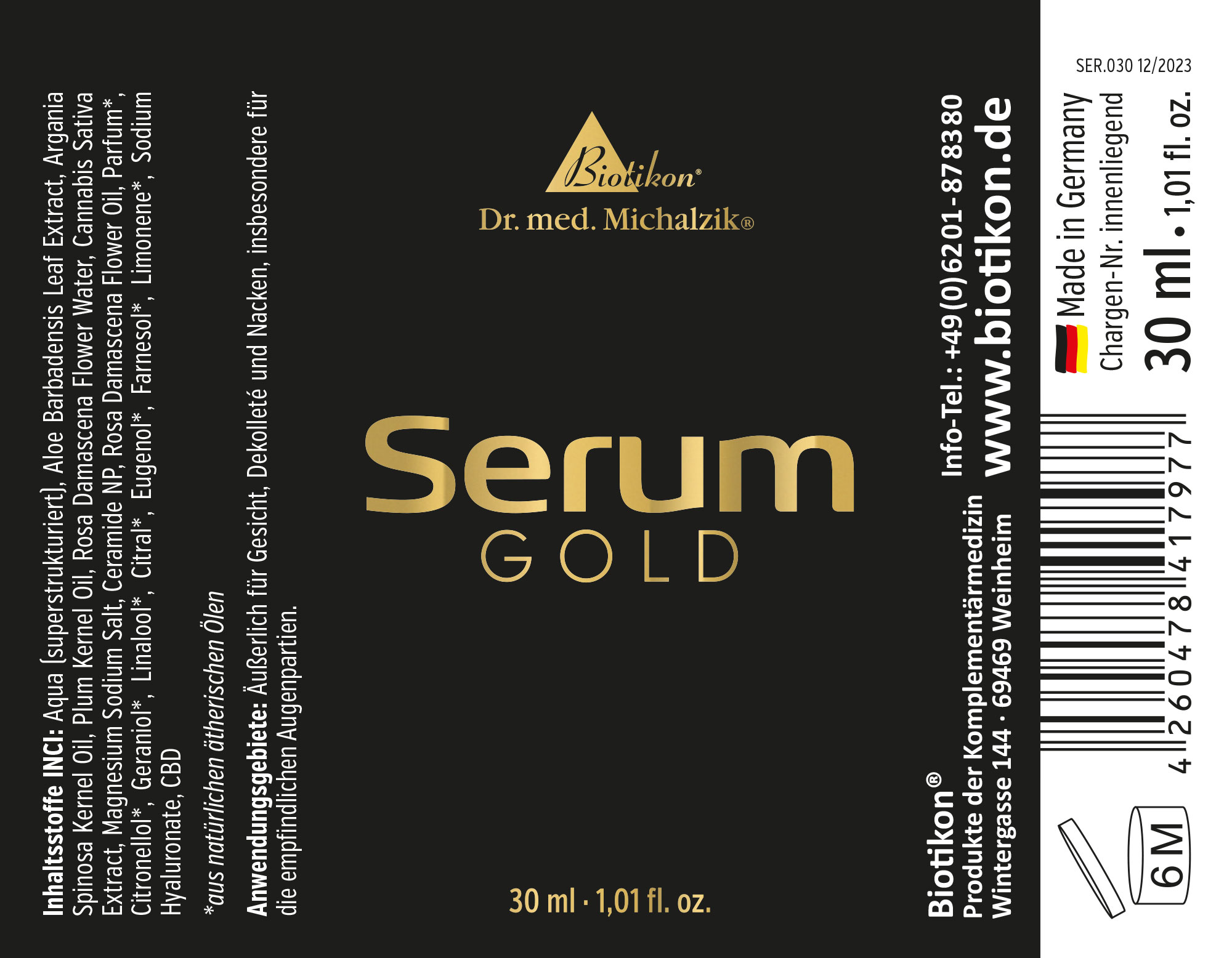 Sérum Or – Liquide de 30 ml Sérum Or dans une bouteille de 30 ml, emballage noir avec lettres dorées, vue de face.