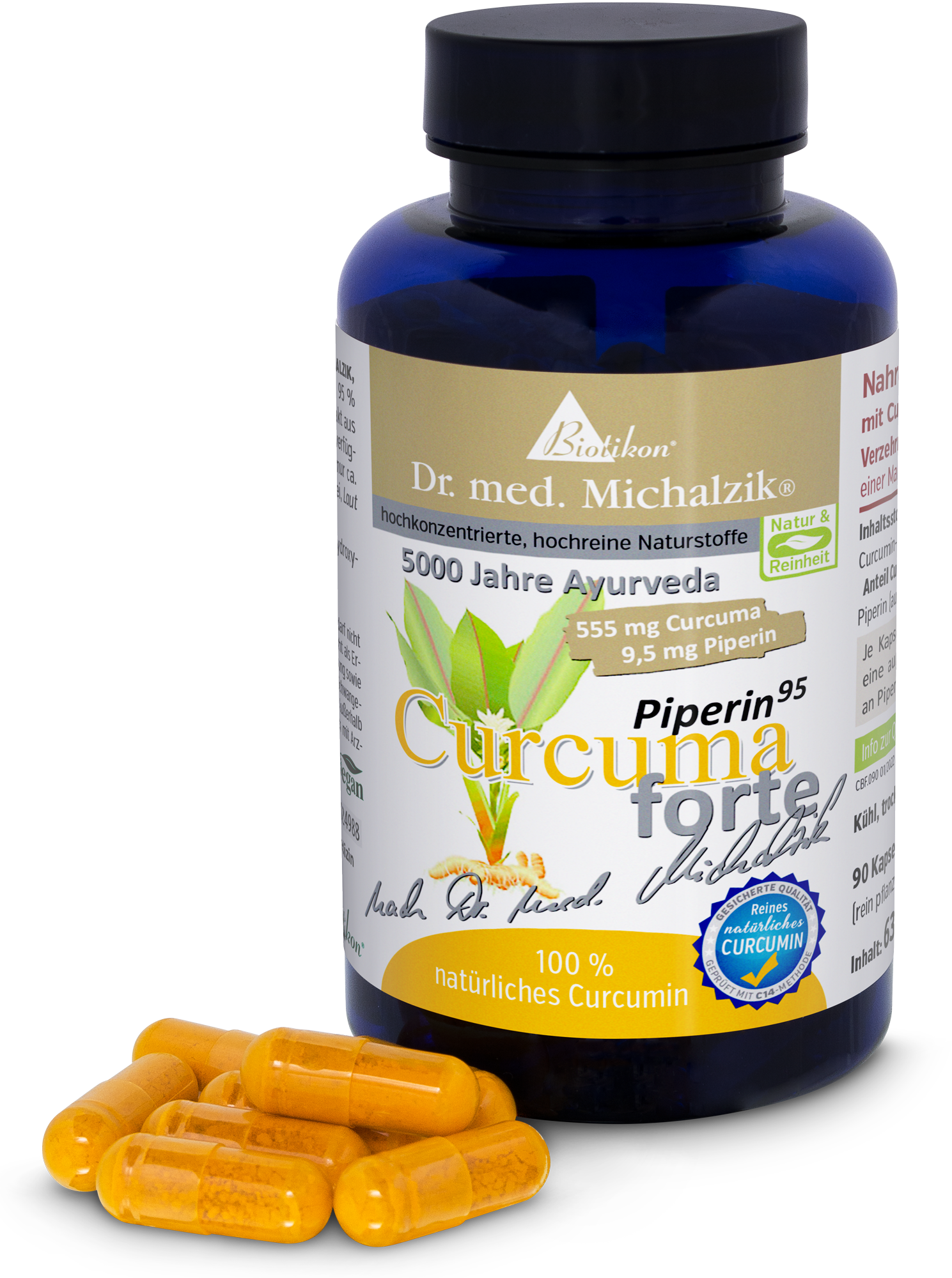 Curcuma Forte 555 mg – Gélules Bouteille contenant 90 gélules jaunes avec curcuma et pipérine, vue perspective.