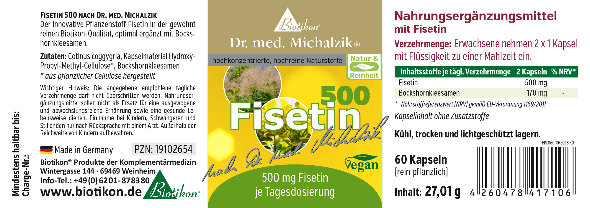 Fisetin 500 mg - Capsules Complément alimentaire Fisetin, 60 capsules dans des capsules végétales, emballage vert-jaune, vue de côté.