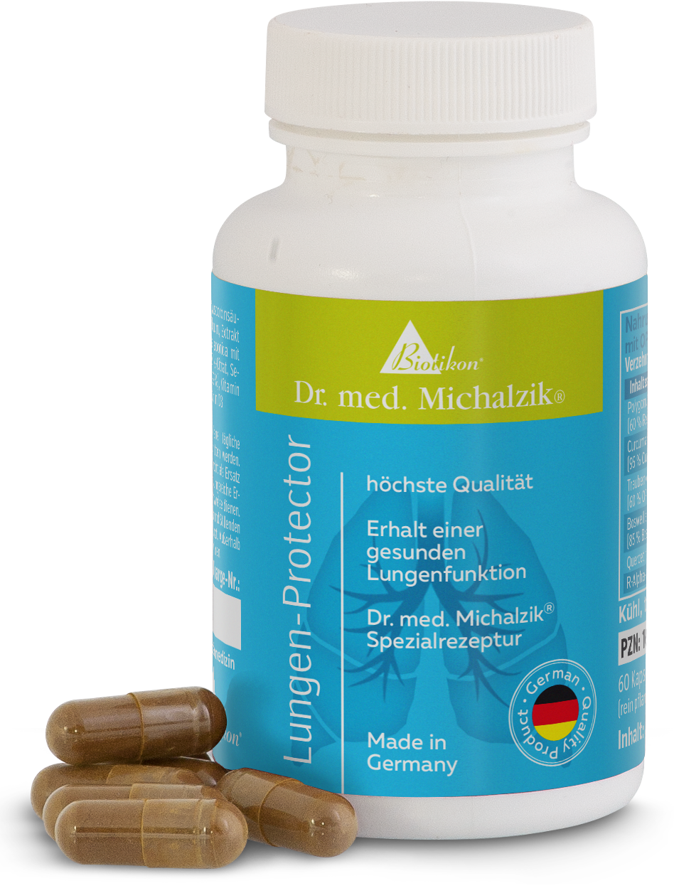 Protecteur Pulmonaire – 60 Gélules Gélules Protecteur Pulmonaire dans une bouteille blanche avec une étiquette bleue, présentées avec plusieurs gélules.