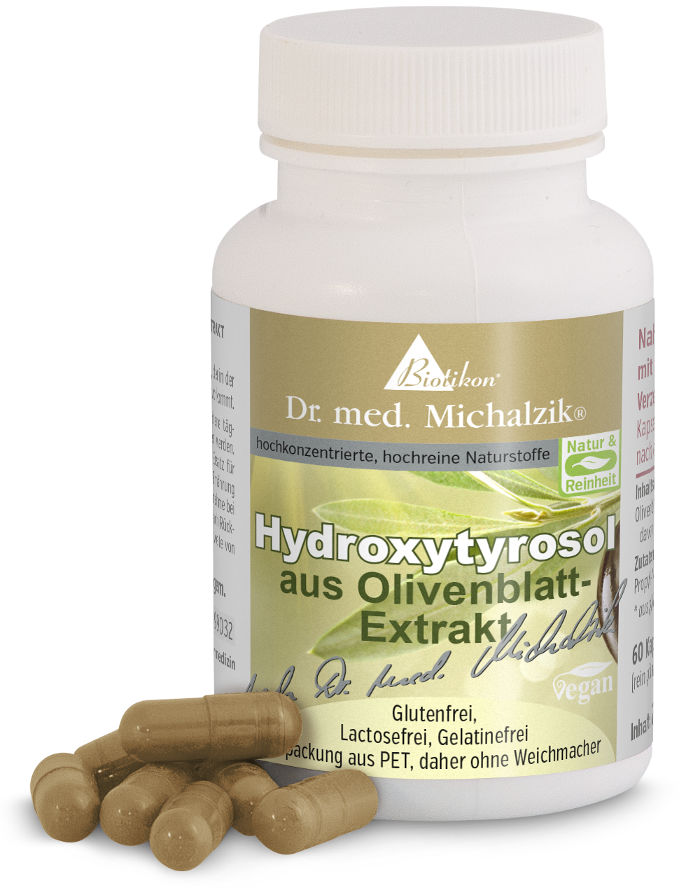 Hydroxytyrosol 60 gélules – Extrait de feuille d'olivier Flacon de 60 capsules d'hydroxytyrosol d'extrait de feuille d'olivier, capsules beiges, emballage PET, sans gluten.