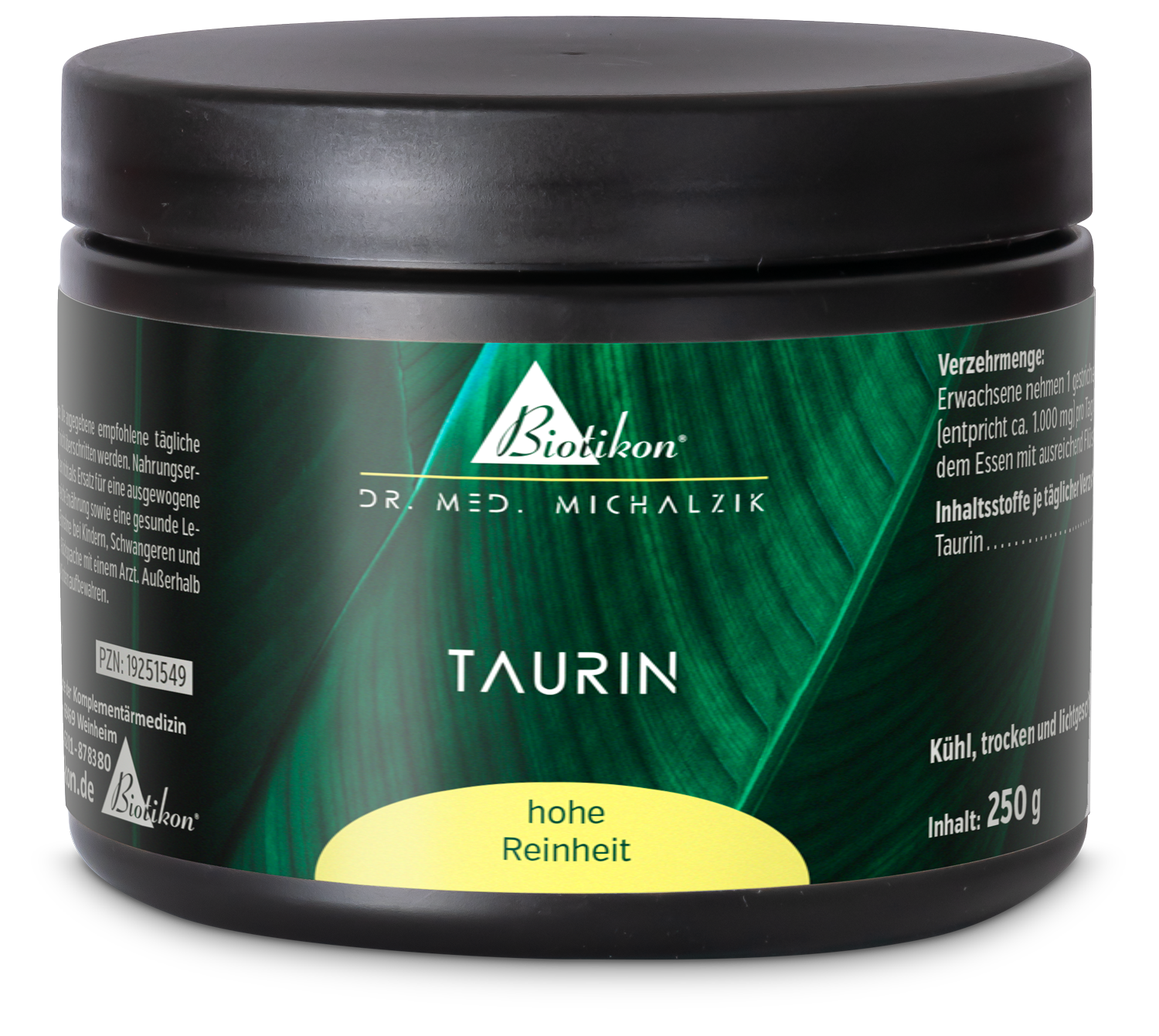 Taurine 250 g - Poudre Poudre de taurine dans un pot noir, 250 g, avec un emballage vert et une étiquette jaune.