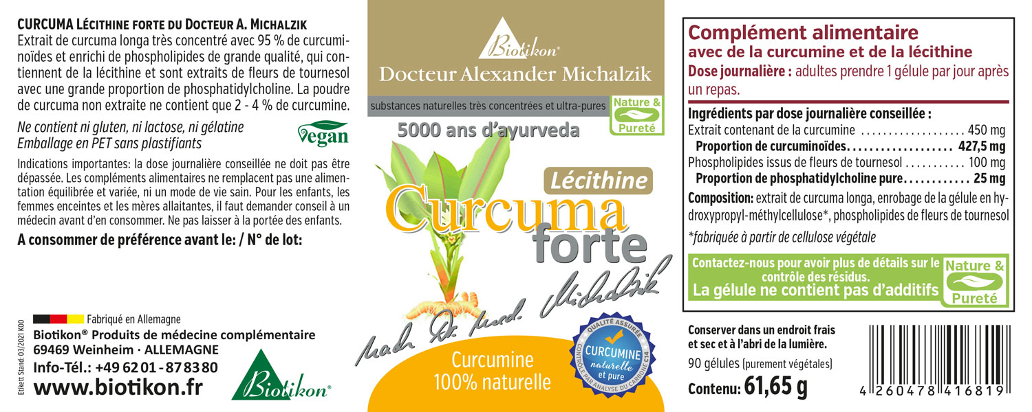 Curcuma Lecithine Forte – 90 Capsules Curcuma Lecithine Forte dans un emballage transparent, 90 capsules, sans gélatine, végétalien, avec capsule jaune.