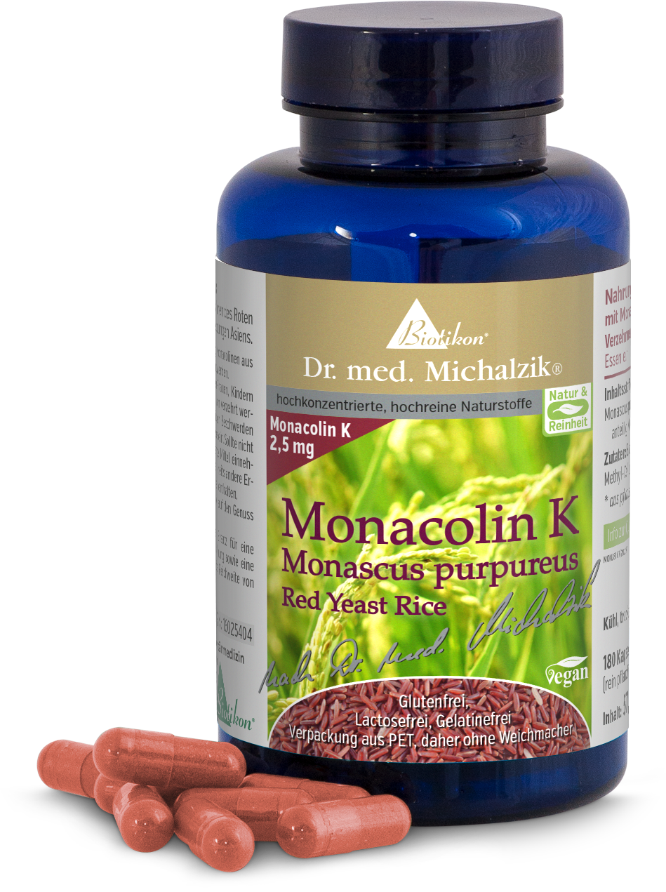 Capsules de Monacoline K 2,5 mg - 180 unités Bouteille de Monacoline K 2,5 mg, 180 capsules, brun-rouge, sur un fond blanc.