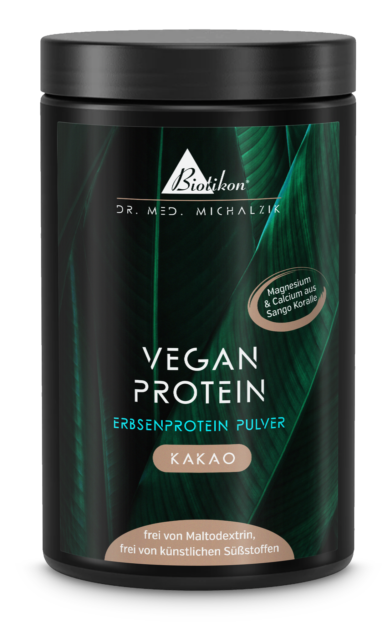 Contenant blanc avec de la poudre de protéine végétale goût cacao, 500 g, vue de face.