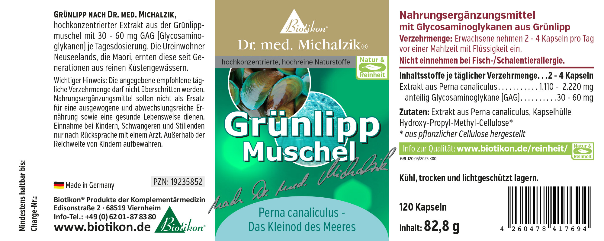Moules à Lèvres Vertes 120 Capsules – Complément Alimentaire Capsules de moules à lèvres vertes, 120 pièces dans un emballage vert, vue de côté.